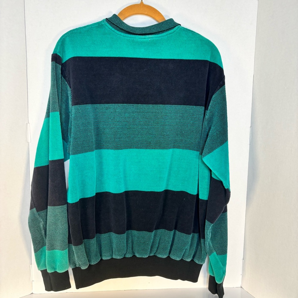 Men's Striped Long-Sleeve Polo Velour Shirt in Teal and Black XL - Picture 7 of 7